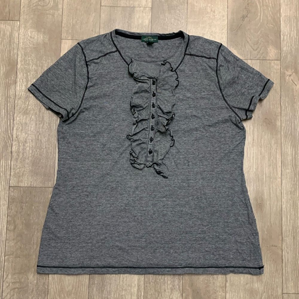 Lauren Ralph Lauren Gray Ruffle Front Tee